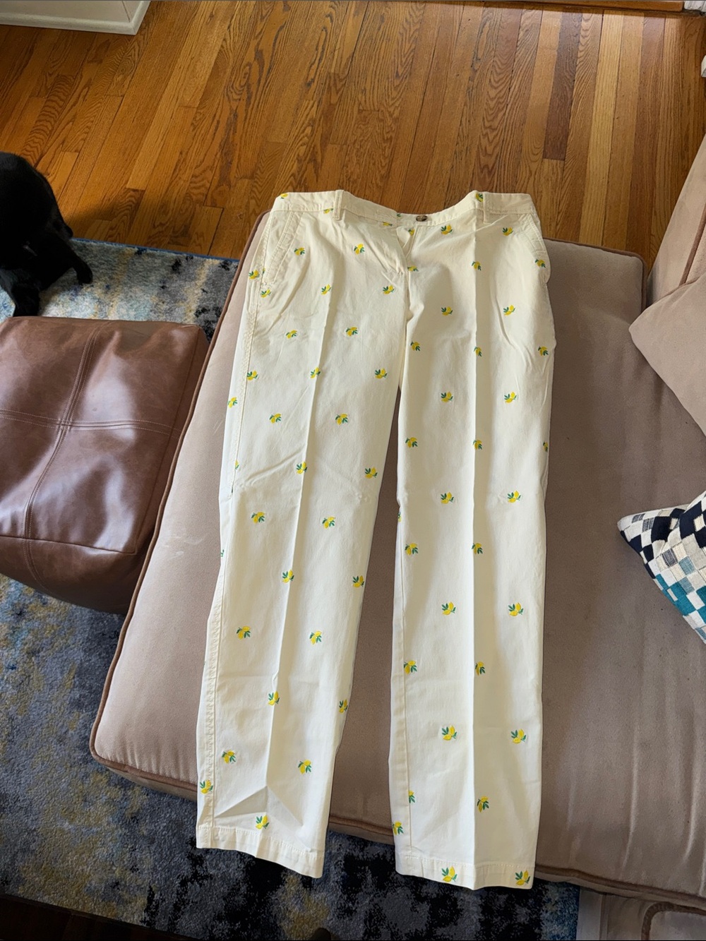 Talbots White Pants with Yellow & Green Embroidered Floral Motif